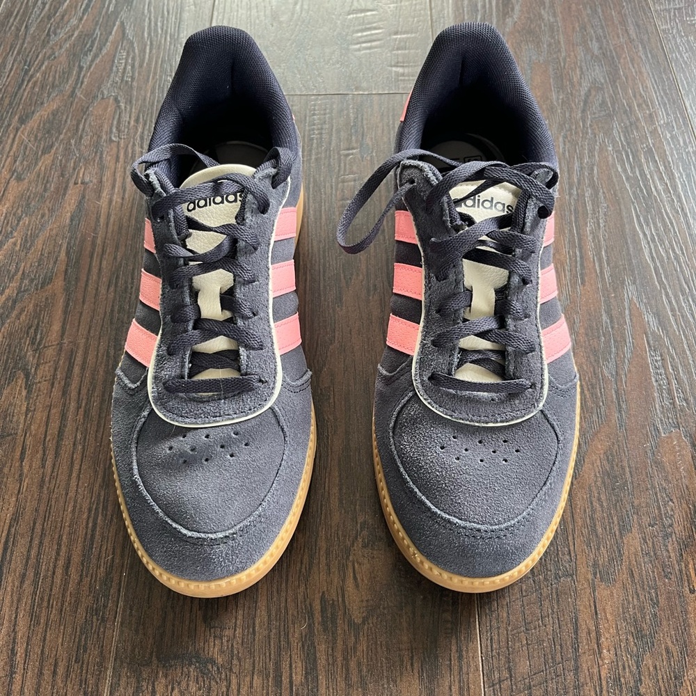 adidas Navy Suede Sneakers with Pink Stripes and Gum Sole